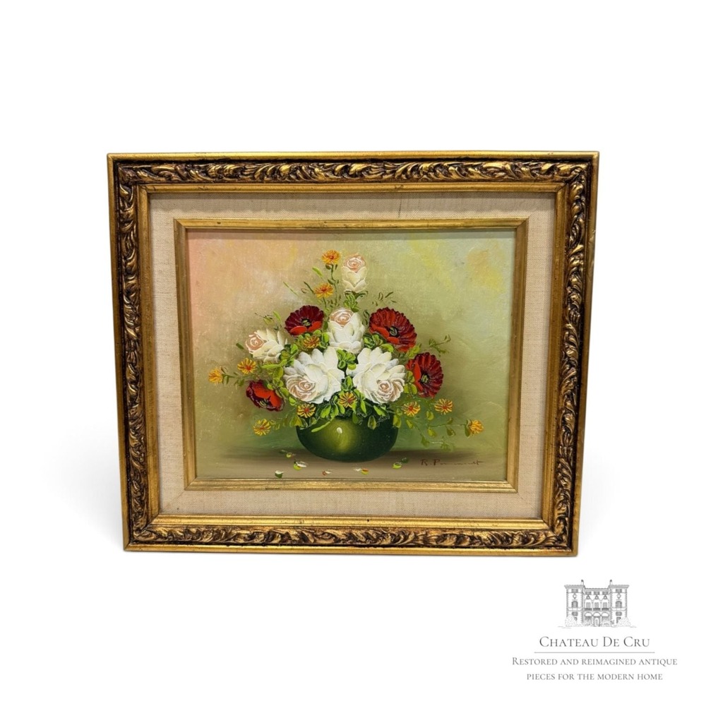 Vintage Signed R. Parnet Floral Still Life Oil Painting in Ornate Gold Frame